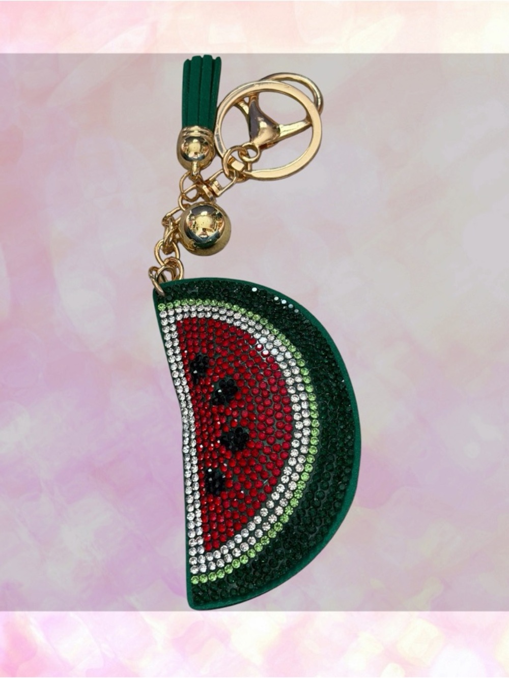 🦄 Rhinestone Watermelon Slice Puffy Tassel Keychain Bag Charm!